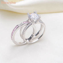 Newshe-plata sólida 925 conjunto de anillo de compromiso de boda para mujer, 2 Ct, corte redondo, rosa, circonia AAAAA, joyería nupcial 2024 - compra barato