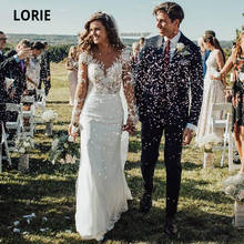 Кружевные свадебные платья LORIE с длинным рукавом, шифоновое свадебное платье с юбкой-годе, Турция, размера плюс 2020, кружевные свадебные платья с пуговицами 2024 - купить недорого