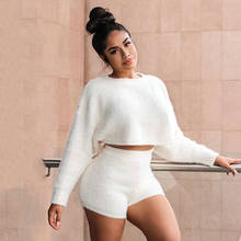 Women Streetwear 2 Piece Outfits White O-Neck Long Sleeve Crop Tops Elastic High Waist Slim Hips Plush Shorts Elegant Sexy Suits 2024 - buy cheap