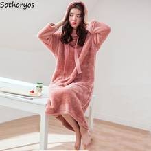 Women Nightgowns Solid Hooded Mid-calf Plus Velvet Casual Loose Soft Flannel Fashion Korean Kawaii Ulzzang Warm Sleepshirts Chic 2024 - buy cheap