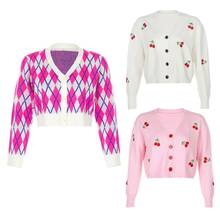 Women Long Sleeve Button Cardigan Cherry Embroidery Plaid Knitted Crop Top Coat Y1QD 2024 - buy cheap