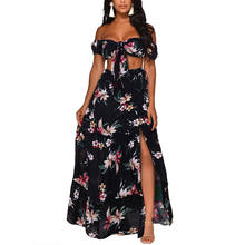 New Fashion Women Ladies Summer Casual Short Sleeve Flower Print Off-shoulder Top High-waist Split Skirt 2pc Suit Black Red 2024 - buy cheap
