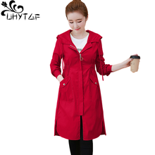 UHYTGF Thin Outerwears Female Casual Loose Spring Trench Coats Women Plus Size Windbreaker Korean Cardigan Hooded Long Tops 1523 2024 - buy cheap