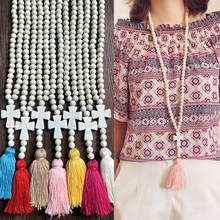 Collar largo étnico con cuentas de madera para mujer, cadena con colgante, borlas, color blanco, turquesa, bohemio 2024 - compra barato