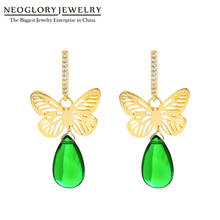 Neoglory Jewelry Butterfly With Green Zircon Long Dangle Earrings For Women Elegant Fashion Charm Ear Accessory New Hot Gift 2024 - buy cheap