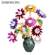 ZHBORUINI 2019 New High Quality Real Natural Freshwater Pearl Brooch Vase Flower Enamel Brooch Pins Pearl Jewelry For Women G 2024 - buy cheap