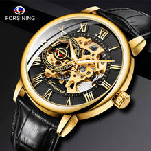 Forsining relógio de pulso com logotipo 3d, capa dourada e preta de couro, esqueleto, mecânico, masculino de marca de luxo 2024 - compre barato
