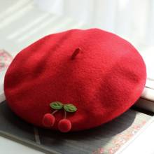Women's Berets Vintage Style Handmade Cherry Wool Beret Sweet Ladylike Solid Color Cap Painter Cozy Warm Berets 2024 - buy cheap