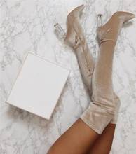 Sexy Blush Over Knee Thigh High Boots Clear Chunky Heel Pointed Toe Long Boots Faux Velvet Slim Fit Winter Runway Boots Shoes 2024 - buy cheap