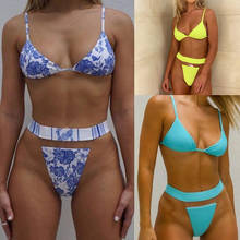 Bikini con estampado de porcelana para mujer, traje de baño de dos piezas, estilo europeo y americano, en color azul y blanco 2024 - compra barato