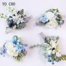 Azul do noivo boutonniere pino flor de seda rosas noiva pulso flor corsage casamento pulseira para dama de honra prom mariage acessórios 2024 - compre barato