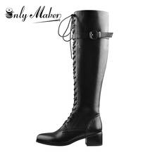 Onlymaker Women's Knee High Boots Lace Up Buckle Strap Round Toe Patchwork Surface Side Zipper Black Long Fashion Shoes 2024 - buy cheap