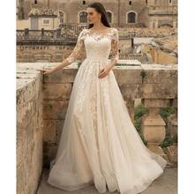 Vintage Wedding Dress 2021 A-Line Sheer Neck 3/4 Sleeve Lace Appliques Button Tulle Sweep Train Bride Gown Vestidos De Noiva 2024 - buy cheap