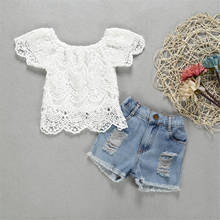 1-4Y Summer Infant Kids Baby Girl Clothes Set Lace Flower Short Sleeve Off Shoulder Tops Ripped Jeans Shorts Girl Streetwear 2024 - buy cheap
