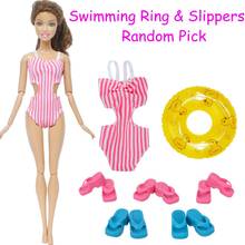 7 Pcs/Lot = 1x Red Stripe Jumpsuits Swimsuit + Random 1x Swimming Lifebuoy + 5x Colorful Slippers Shoes Clothes for Barbie Doll 2024 - buy cheap