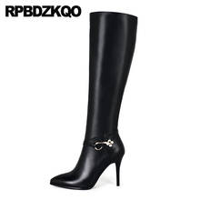 Brand Women Winter Boots Genuine Leather Knee High 2021 Black Shoes Plus Size 10 Big Heel Stiletto Pointed Toe Long Tall Luxury 2024 - buy cheap