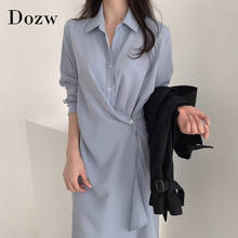 Solid Elegant Shirt Dress Women Pleated Stylish Dress Office Wear Midi Dress Turn Down Collar Chic Dresses Ropa De Mujer 2024 - buy cheap