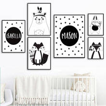 Cuadro de oso de dibujos animados para decoración de habitación de niños, lienzo de arte para pared de bebé, oso, conejo, color blanco y negro, personalizado con nombre impreso, imagen Nórdica 2024 - compra barato