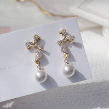 Korean fashion jewelry 14K real gold plating exquisite copper inlaid zircon bow earrings sweet beauty pearl pendant earrings 2024 - buy cheap