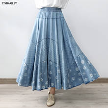 TIYIHAILEY Free Shipping Long Maxi A-line Skirt Women Elastic Waist Autumn Spring Denim Jeans Vintage Big Hem Light Blue Print 2024 - buy cheap