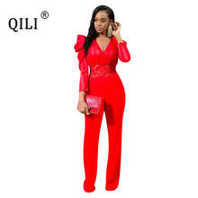 QILI Women Full Sleeve Lace Patchwork Jumpsuits Sexy V-neck Lace-up Jumpsuit Red and Blue Plus Size 2024 - buy cheap