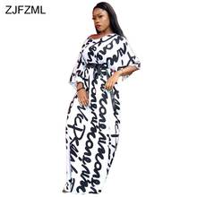 ZJFZML Black White Letter Print Maxi Dress Women Deep V Neck Half Sleeve Floor-Length Robe Streetwear Ladies Belted Party Dress 2024 - buy cheap