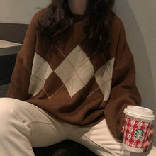 Вязаный свитер, Женский пуловер оверсайз, свитер, модный женский свободный свитер, теплый укороченный топ в Корейском стиле, джемпер с геометрическим рисунком, женский свитер 2024 - купить недорого
