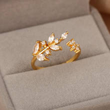 Fashion Gold Color Zircon Leaves flower Stud Rings For Women Stainless Steel Simple Exquisite Jewelry Wedding Girl Friend Gift 2024 - buy cheap