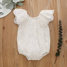 0-12M Toddler Baby Girls Lace Bodysuit, Infants Flying Sleeve Romper, Round Collar Solid Color Clothing For Summer 2024 - buy cheap