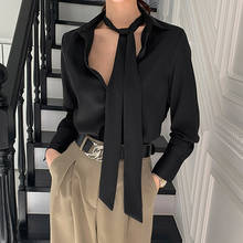 Blusa Vintage de manga larga para mujer, camisa holgada de primavera, con un solo pecho y cuello vuelto, para oficina 2024 - compra barato