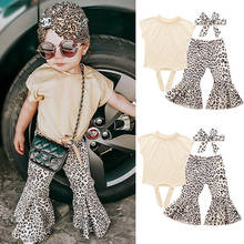 Conjunto de roupas casuais meninas 0-5 anos, romper para crianças com cores sólidas de algodão + calça longa de leopardo + tiara 2024 - compre barato