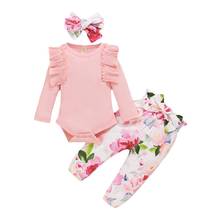 Macacão infantil de algodão para meninas, conjunto de 3 peças de macacão, blusinha e calças compridas com estampa floral para bebês 2024 - compre barato