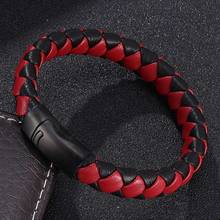 Pulseira masculina de couro trançado, bracelete preto e vermelho vintage com cordas feitas à mão 2024 - compre barato