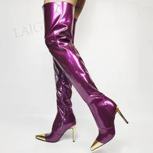 SEIIHEM/лакированные женские облегающие высокие сапоги; Сапоги выше колена с золотым носком и боковой молнией в стиле пэчворк; Женская обувь; Большие размеры 34, 43, 44, 47 2024 - купить недорого