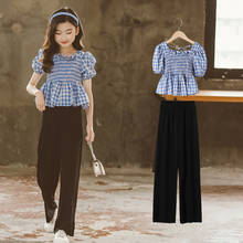 Girls Clothes Set Summer 2021 Korean Kids Clothing for Girls Square Collar Short-sleeve Top + Wide-leg Pants Clothes 10 12 Years 2024 - buy cheap