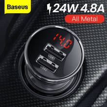 Автомобильное зарядное устройство Baseus с двумя металлическими usb-портами, 24 Вт, 4,8 А, быстрое автомобильное usb-зарядное устройство, светодиодный автомобильный адаптер для зарядки iPhone, Xiaomi, мобильный телефон 2024 - купить недорого