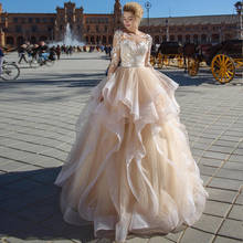 Vestido de baile vestidos de casamento princesa 2020 manga longa apliques rendas champanhe tule saia em camadas vestidos de casamento nupcial 2024 - compre barato