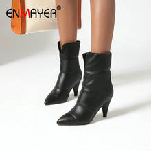 ENMAYER 2019 PU Slip-On Ankle Boots for Women Pointed Toe Square Heel Winter Boots Women Short Plush  Sewing High Heel Boots 2024 - buy cheap