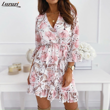 Luzuzi Women Flower Print Dress Fashion V Neck Casual Ruffles Split Dress Female Elegant A Line Mini Dress Party Vestidos Spring 2024 - buy cheap