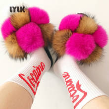 Wholesale Luxury Fluffy Plush Sandals Women Real Colorful Fox Fur Slippers Female Beach Casual Flip Flops Girl's Hairball Slides 2024 - buy cheap