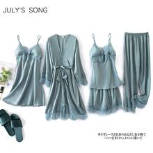 JULY'S SONG-Conjunto de pijama de satén de color liso, ropa de dormir Sexy de seda de imitación, transpirable, de encaje fino, para otoño, para el hogar, nuevo, 5 piezas 2024 - compra barato