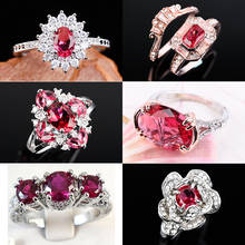 Великолепные кольца с красным камнем и цветком для женщин, классические серебряные кольца с белым цирконием, свадебная бижутерия, подарок F5K096 2024 - купить недорого