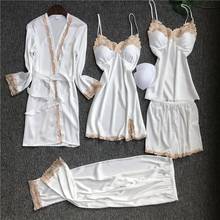 Conjunto de pijamas de cetim com renda branca, conjunto com 5 peças, roupa de dormir, decote v, primavera verão 2024 - compre barato