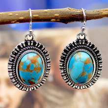 Pendientes de gota de turquesas naturales geométricas para mujer y niña, aretes colgantes de piedra azul redonda, joyería Bohemia 2021 2024 - compra barato