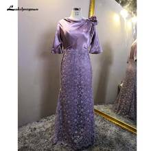 Roxo mãe do noivo vestidos sereia prata cinza renda cetim topo cowl decote meia mangas formal casamento convidado vestido 2024 - compre barato