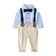BINIDUCKLING Осенняя детская одежда для мальчиков комплект официальная одежда полосатая рубашка с бантом подтяжки брюки для мальчиков детская одежда 2024 - купить недорого