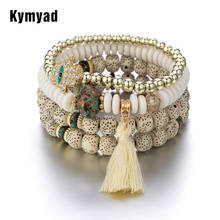 Kymyad pulseira boêmia feminina, contas de resina, pedra, pulseira com borla, braceletes multicamadas, acessório de festa de encontro 2024 - compre barato