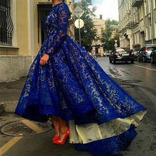 Blue Muslim Evening Dresses Ball Gown Long Sleeves Lace High Low Dubai Saudi Arabic Long Evening Gown Prom Dress 2024 - buy cheap