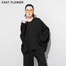 Moletom preto de grandes dimensões feminino com capuz bolso grande patchwork folgado moda manga morcego pulôver roupas primavera outono 2021 2024 - compre barato