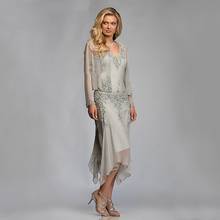 Silver Chiffon Mother of the Bride Groom Dresses with Jackets 2019 for Summer Wedding Party Gowns Tea Length Lace Godmother 2024 - buy cheap